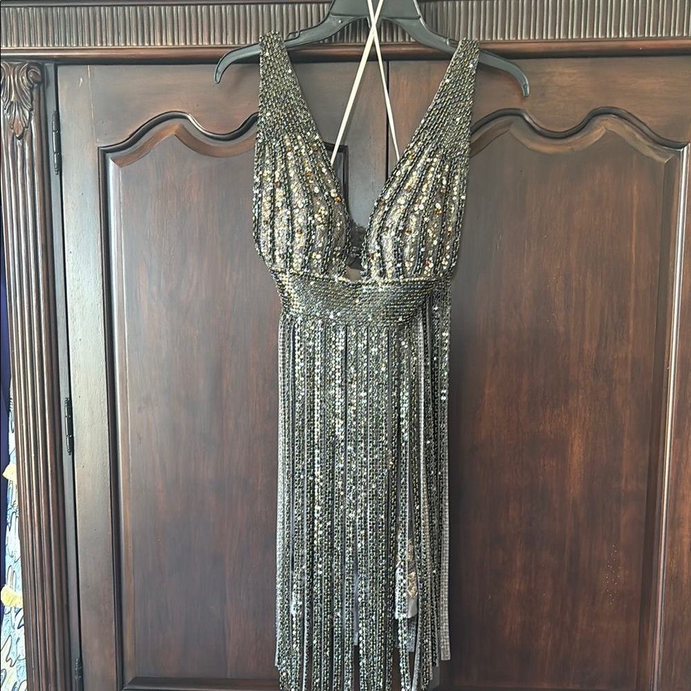Mandalay lilac, gunmetal and goldish beaded designer mini Dress. Stunning!